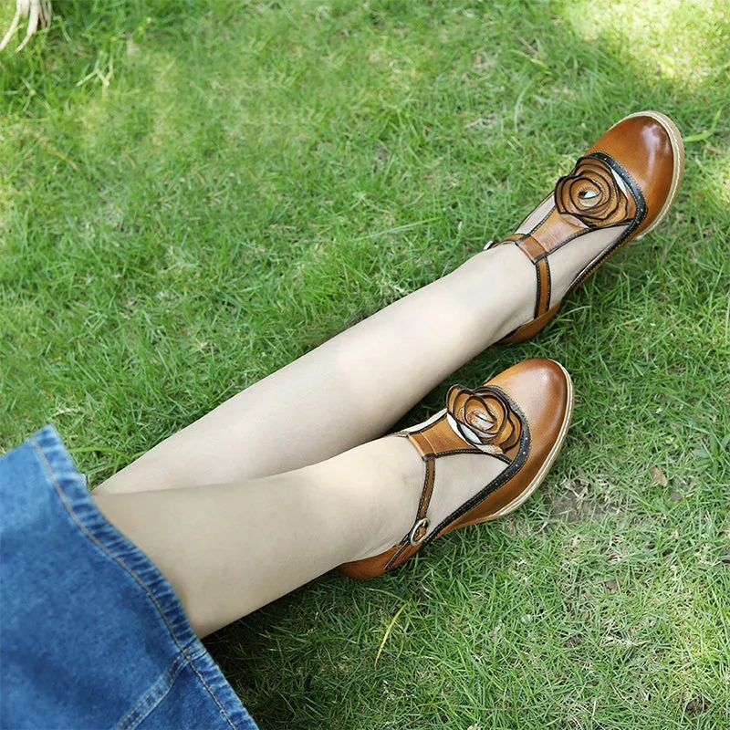 Handmade Leather T-strap Flower Mary Jane Shoes 50mm Block Heel in Brown