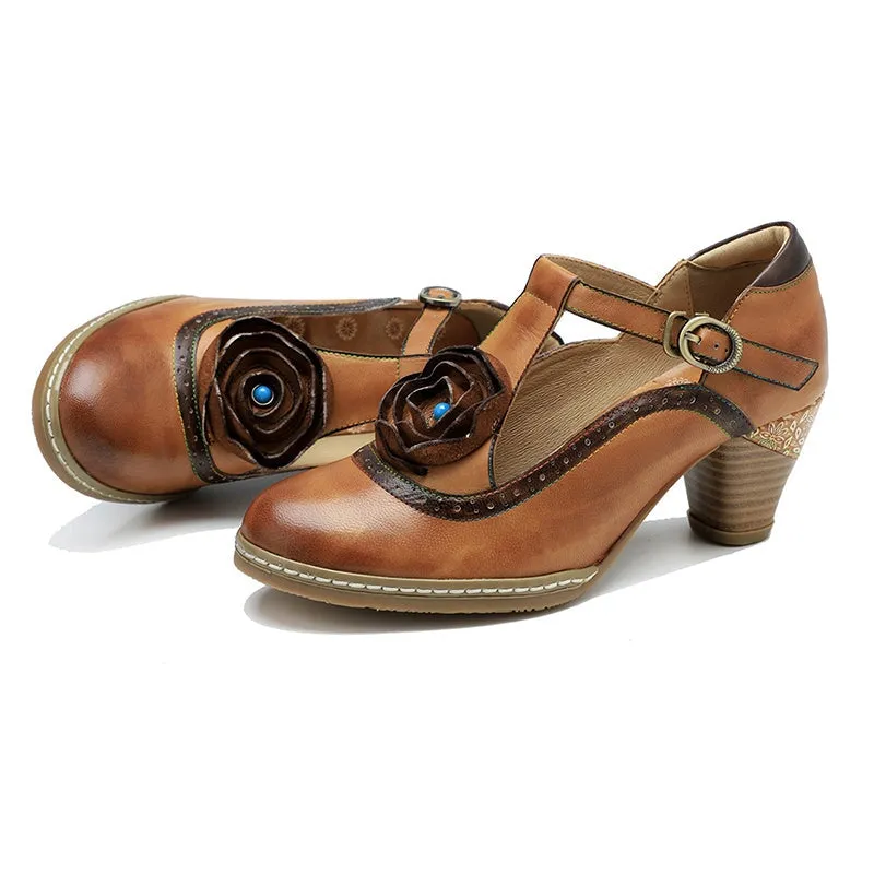 Handmade Leather T-strap Flower Mary Jane Shoes 50mm Block Heel in Brown