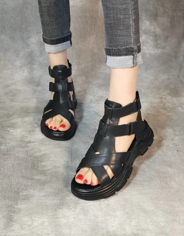 Handmade Retro Leather Platform Sandals