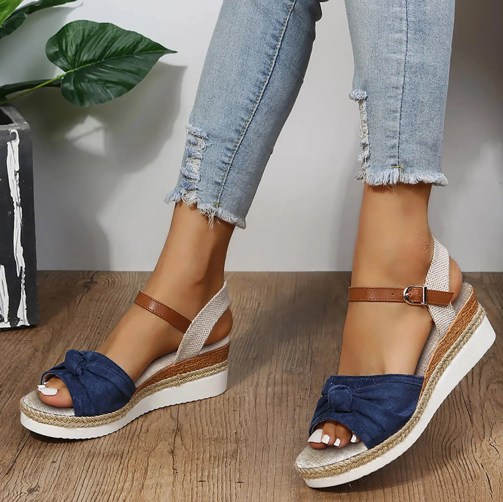 Hnzxzm Espadrilles Wedge Sandals for Women Summer Peep Toe Non Slip Gladiator Shoes Woman Fashion Bowtie Platform Sandalias Mujer 2024