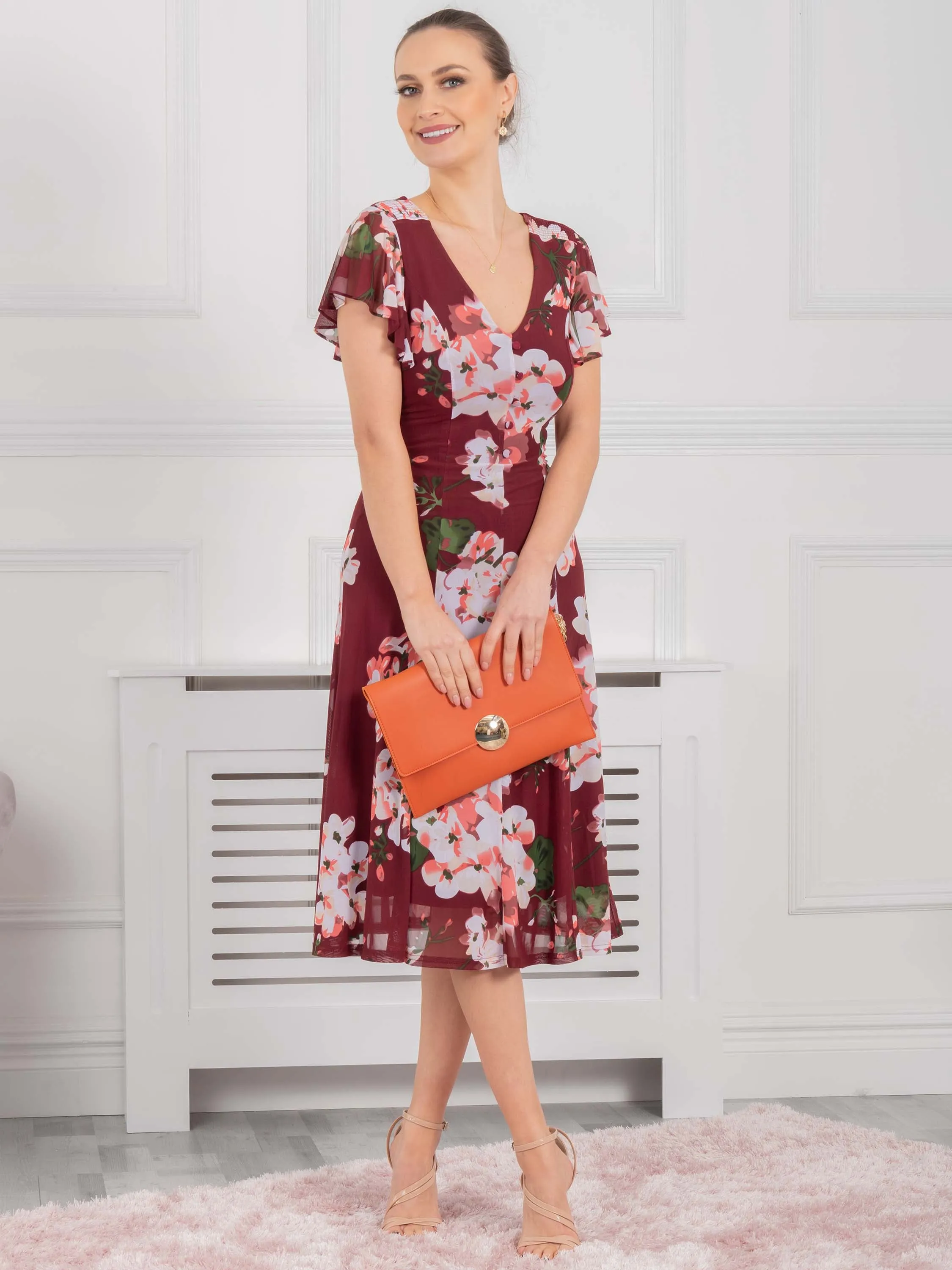 Jolie Moi Acela Floral Print Mesh Dress, Wine Floral