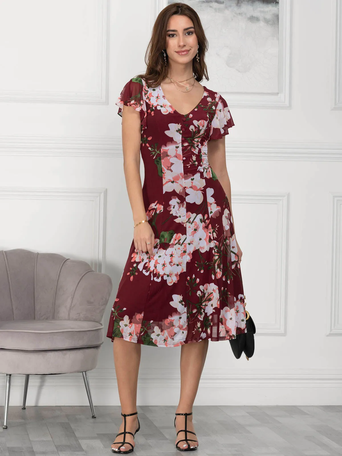 Jolie Moi Acela Floral Print Mesh Dress, Wine Floral