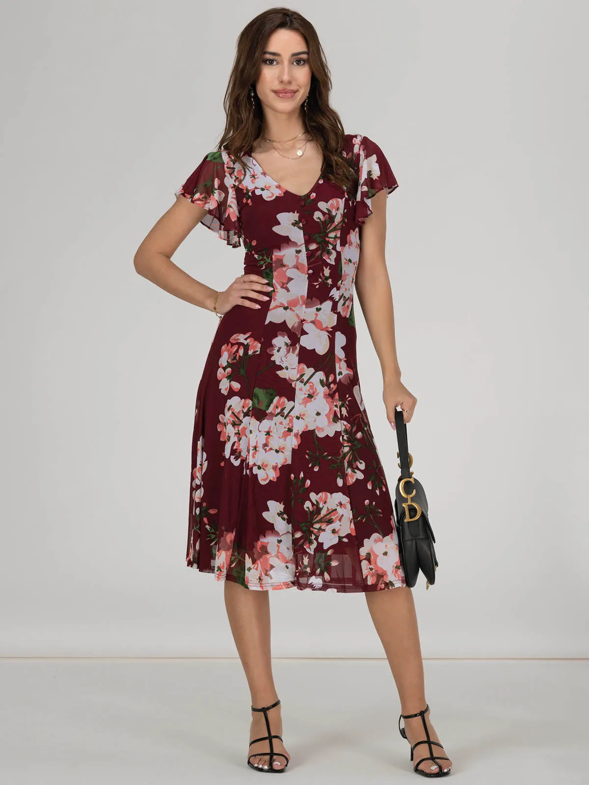 Jolie Moi Acela Floral Print Mesh Dress, Wine Floral