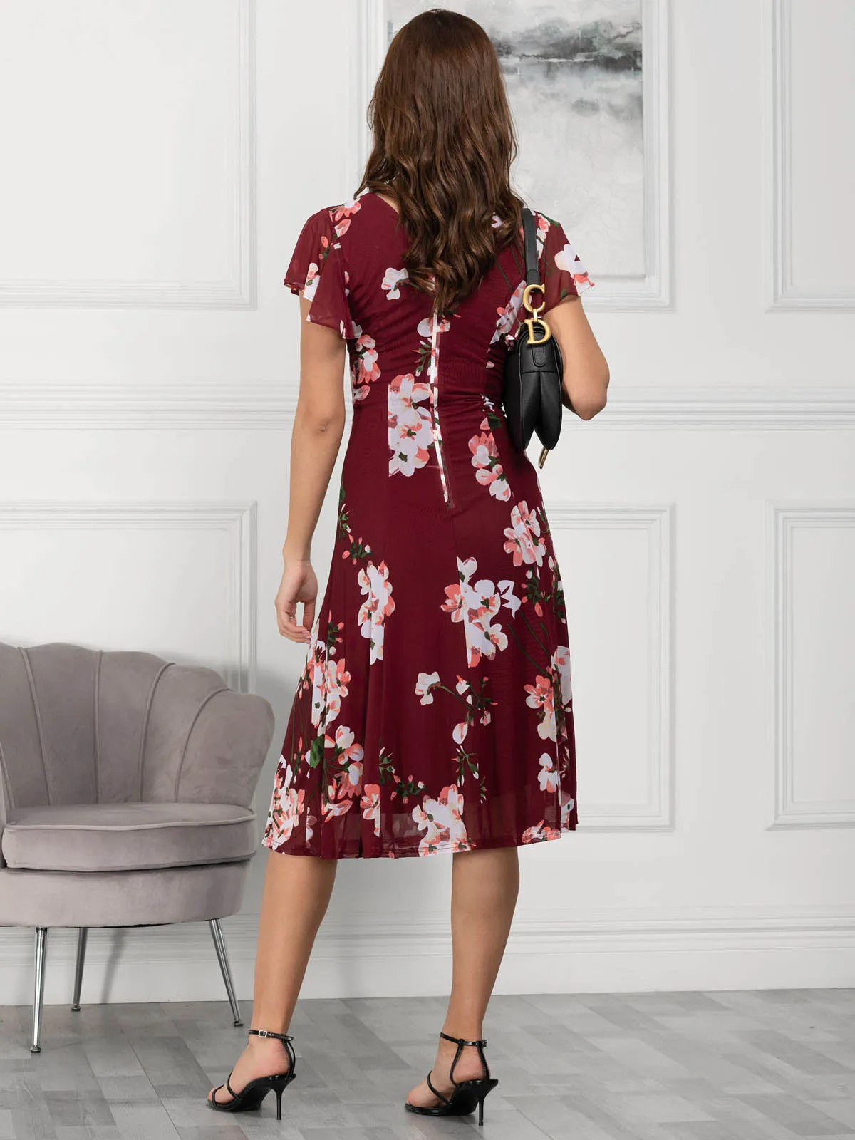 Jolie Moi Acela Floral Print Mesh Dress, Wine Floral