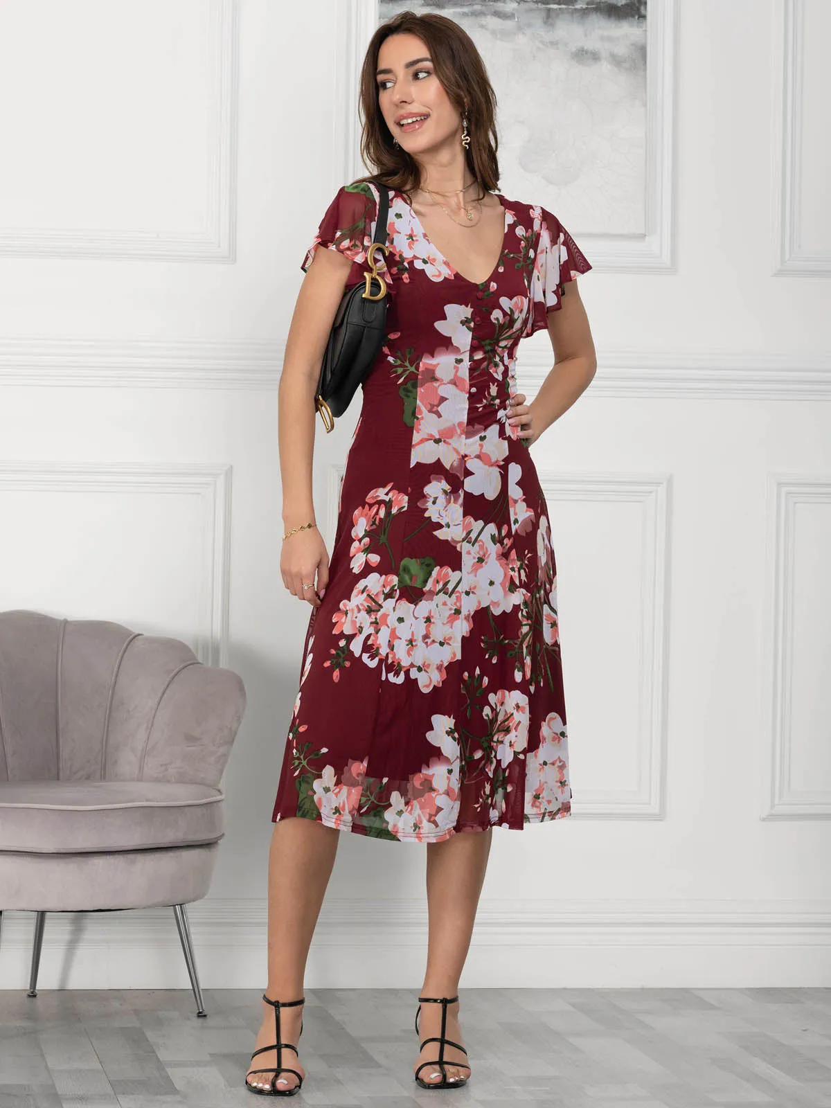 Jolie Moi Acela Floral Print Mesh Dress, Wine Floral