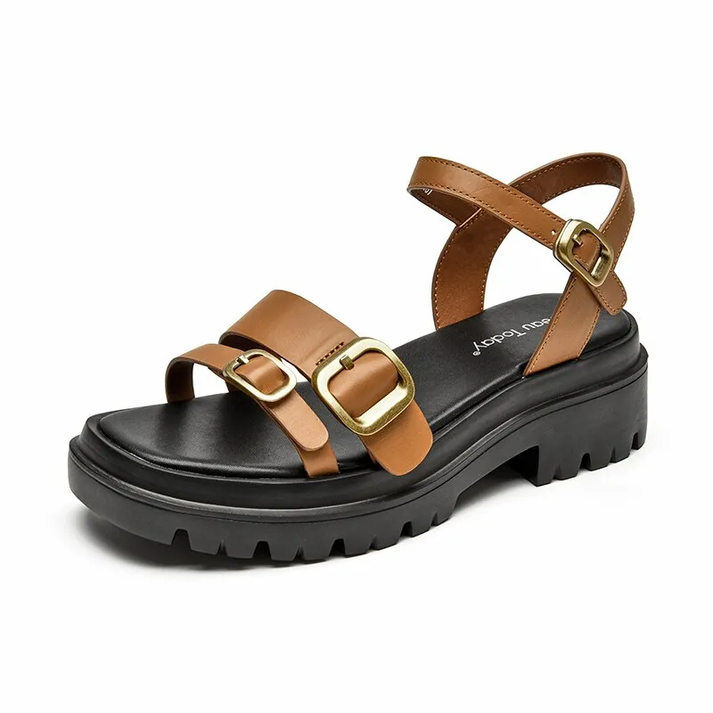 Joskaa  Chunky Sandals Gladiator Women Cow Leather Platform Shoes Metal Buckle Ankle Straps Ladies Summer Wedges 38156