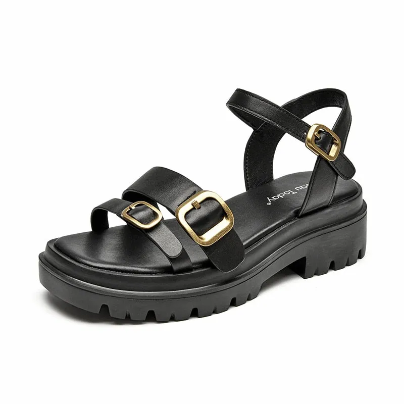 Joskaa  Chunky Sandals Gladiator Women Cow Leather Platform Shoes Metal Buckle Ankle Straps Ladies Summer Wedges 38156