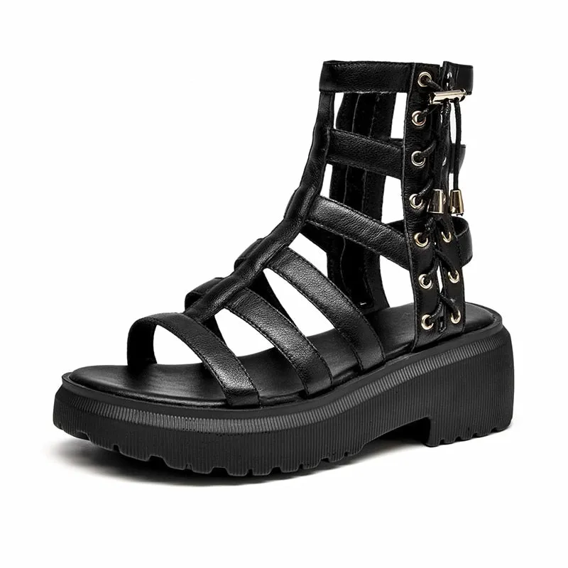 Joskaa  Gladiator Sandals Women Cow Leather Platform Shoes Drawstring Side Zipper Closure Summer Ladies Shoes Handmade 07119