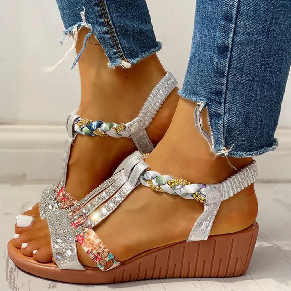 Joskaa New Gladiator Wedge Heels Elastic Band Crystals Summer Women Shoes Woman Sandals Leisure Beach Sandals