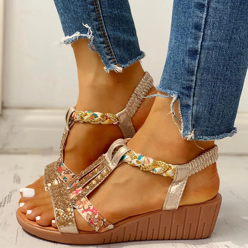 Joskaa New Gladiator Wedge Heels Elastic Band Crystals Summer Women Shoes Woman Sandals Leisure Beach Sandals