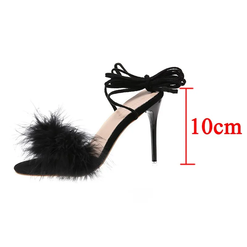 Joskaa Sexy Stiletto Heel Faux Fur Sandals Women Summer Ankle Strap Gladiator Sandals Woman Plus Size High Heels Wedding Banquet Shoes