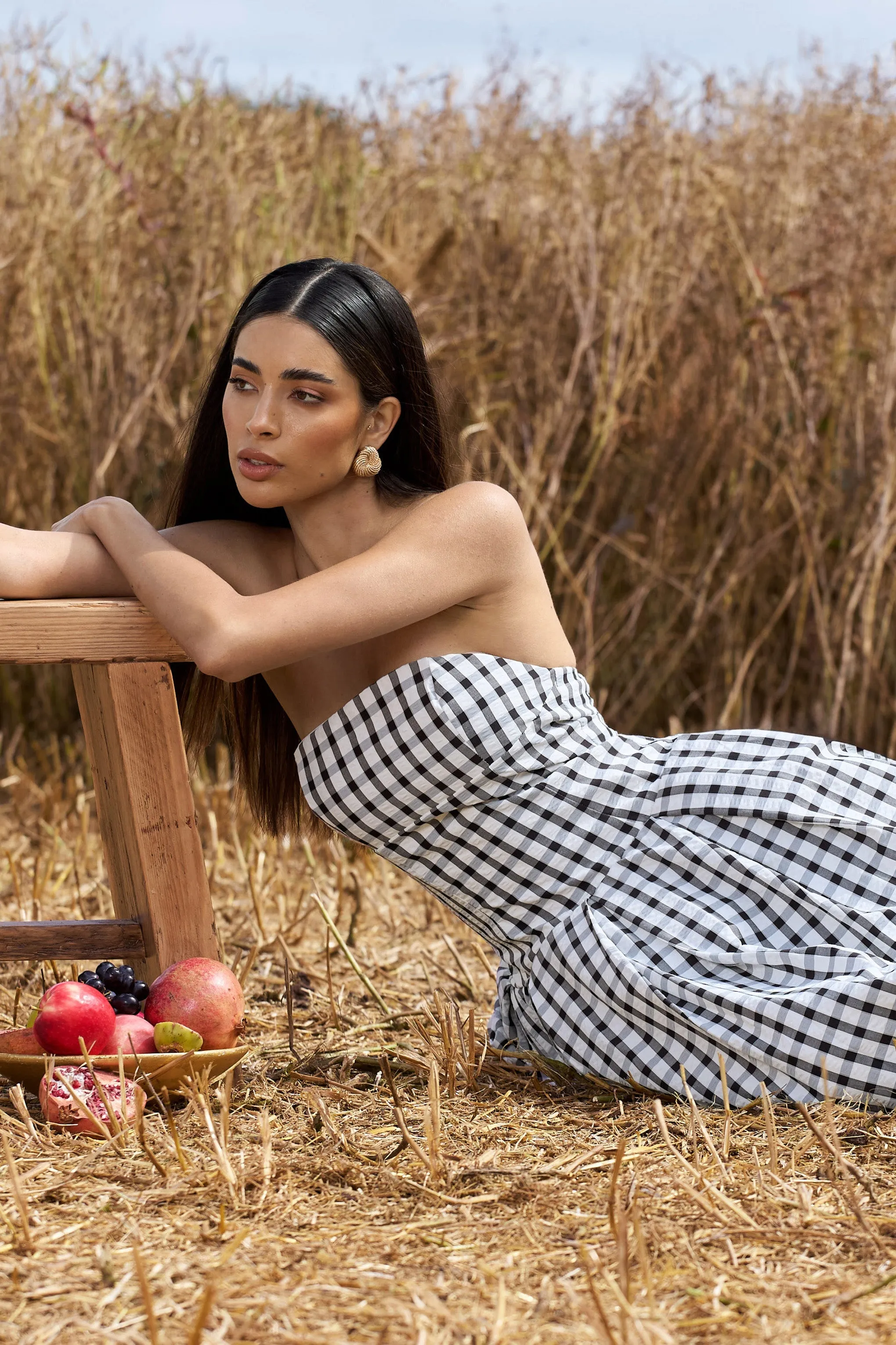 Maisy | Black & White Gingham Strapless Maxi Dress