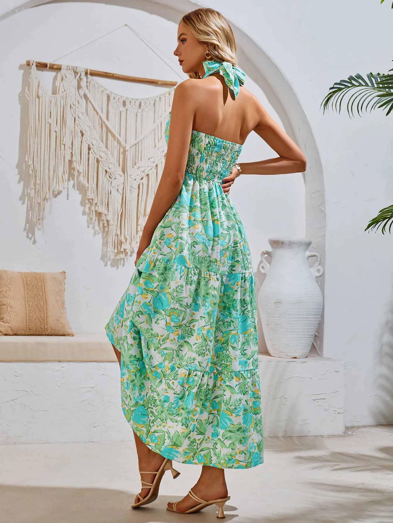 Moonlight Symphony Floral Halter Maxi Dress