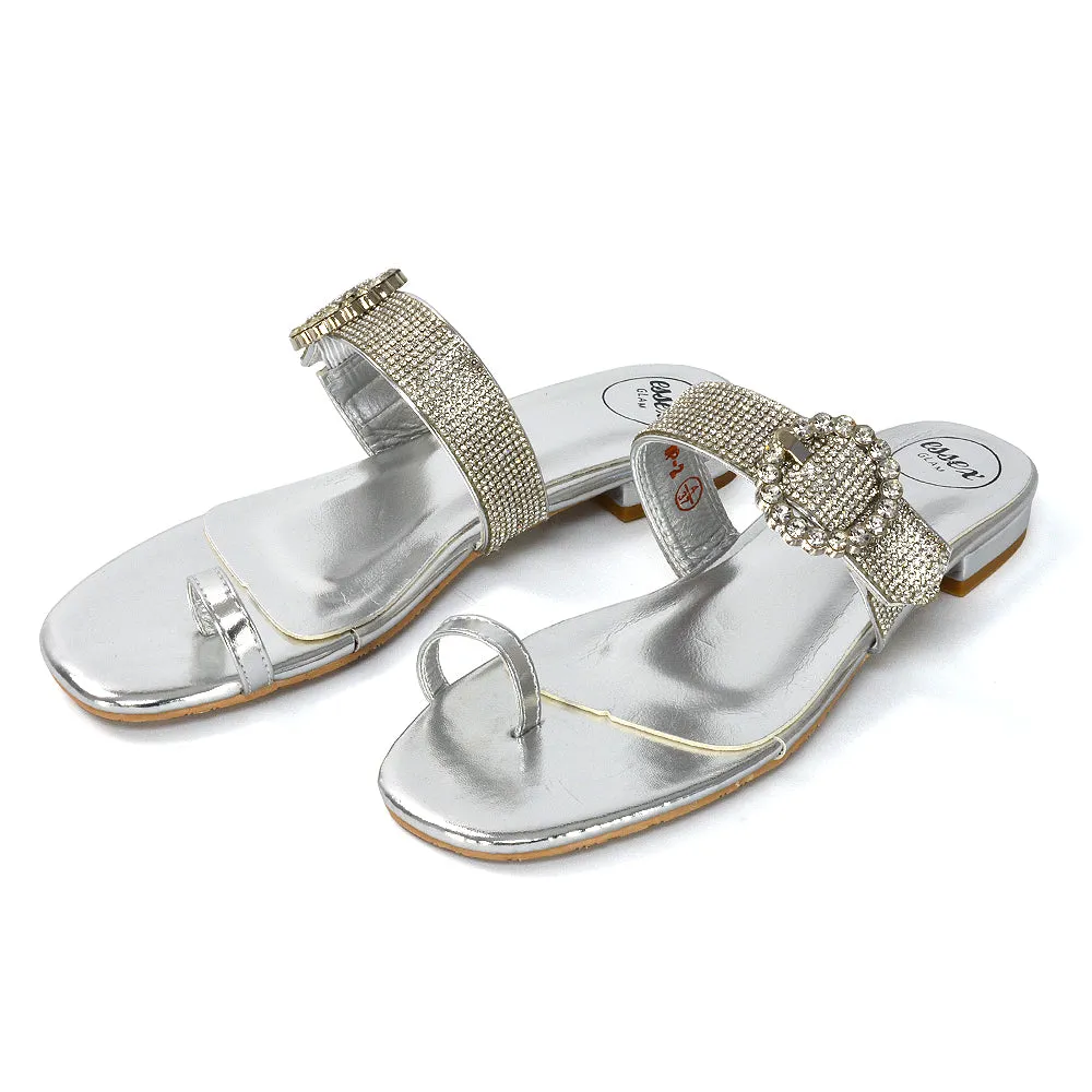 October Toe Post Diamante Strap Flat Sandal Sliders in Black Synthetic Leather