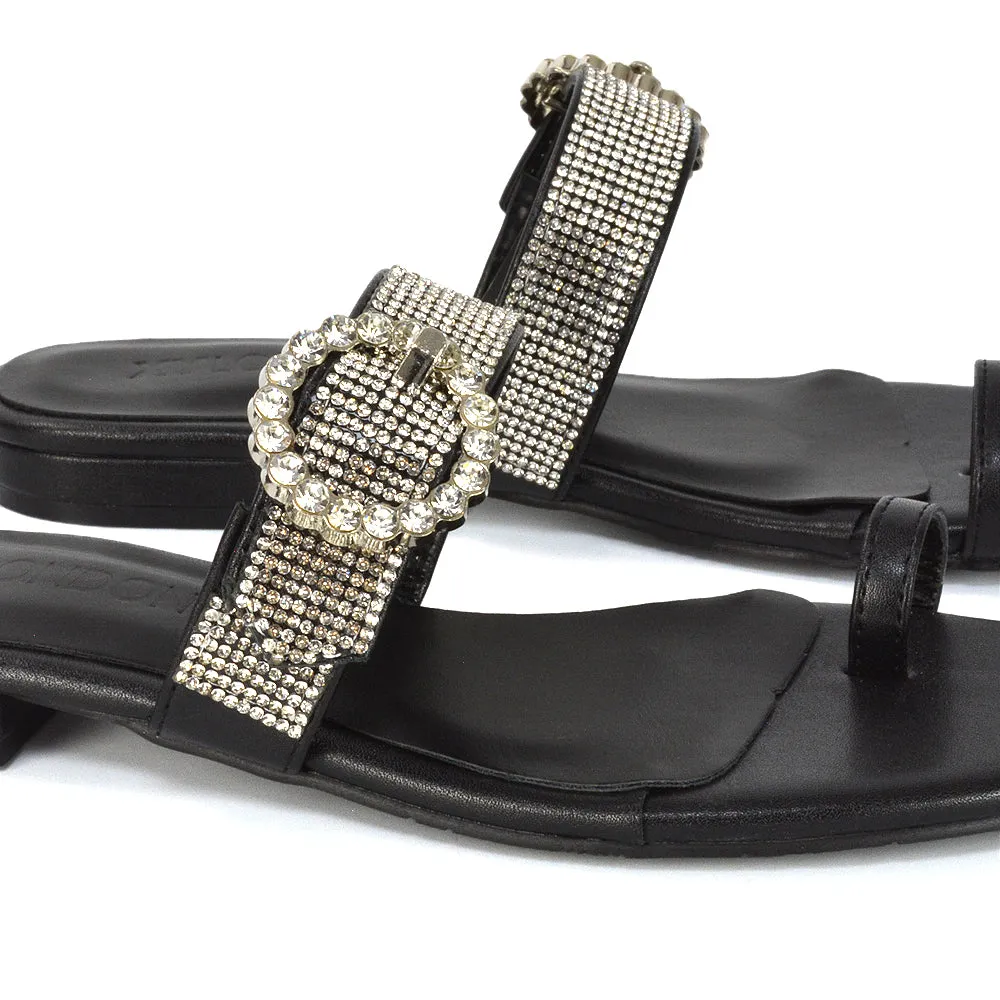 October Toe Post Diamante Strap Flat Sandal Sliders in Black Synthetic Leather