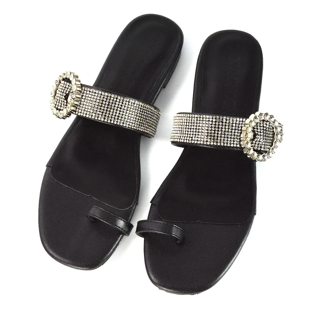 October Toe Post Diamante Strap Flat Sandal Sliders in Black Synthetic Leather