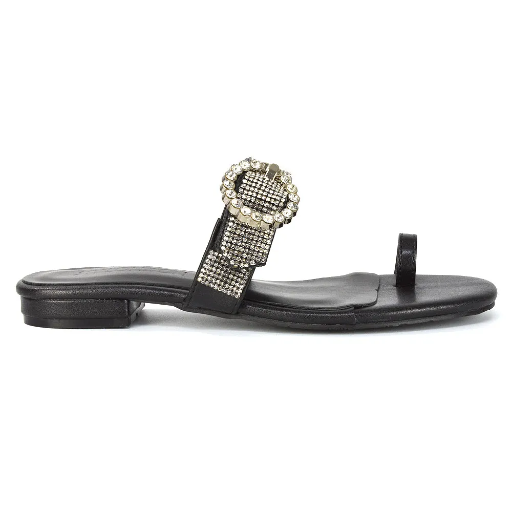 October Toe Post Diamante Strap Flat Sandal Sliders in Black Synthetic Leather