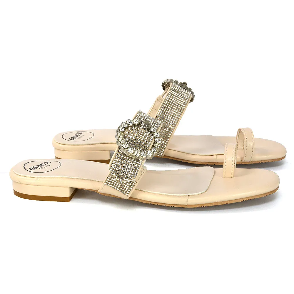 October Toe Post Diamante Strap Flat Sandal Sliders in Black Synthetic Leather