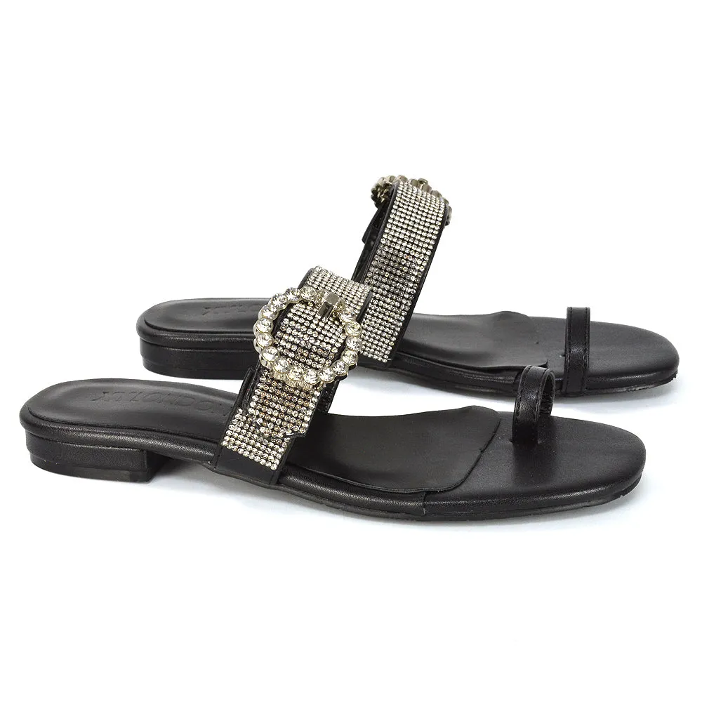 October Toe Post Diamante Strap Flat Sandal Sliders in Black Synthetic Leather