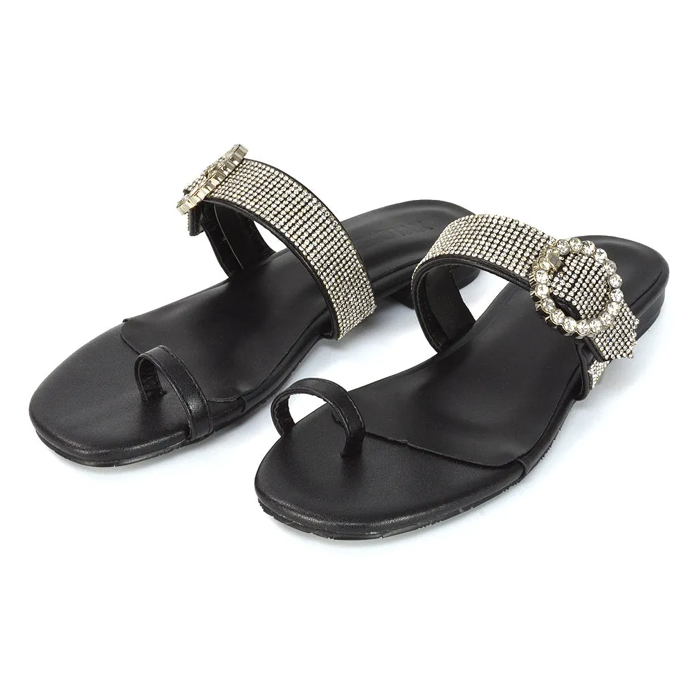 October Toe Post Diamante Strap Flat Sandal Sliders in Black Synthetic Leather