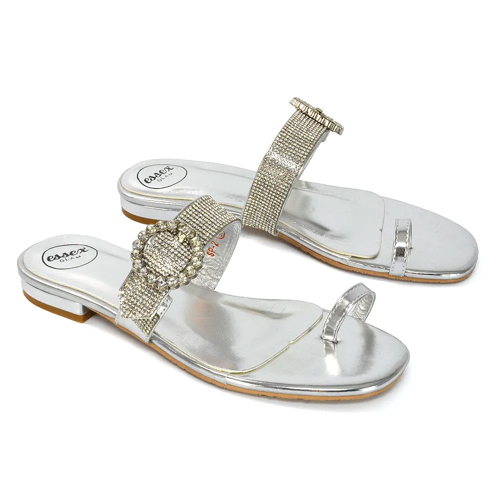 October Toe Post Diamante Strap Flat Sandal Sliders in Nude Synthetic Leather