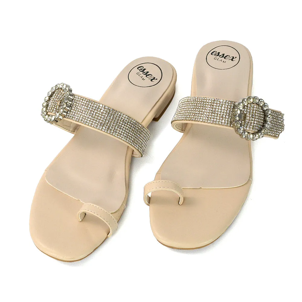 October Toe Post Diamante Strap Flat Sandal Sliders in Nude Synthetic Leather