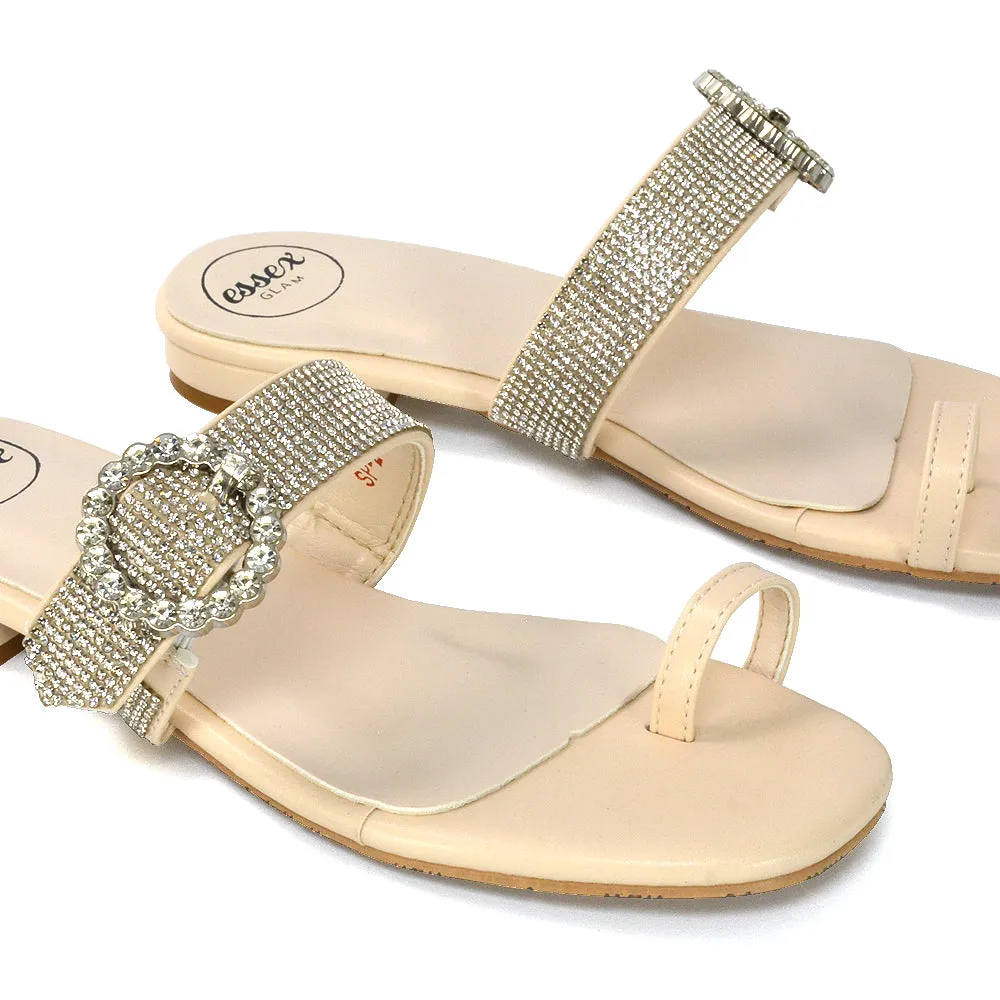 October Toe Post Diamante Strap Flat Sandal Sliders in Nude Synthetic Leather