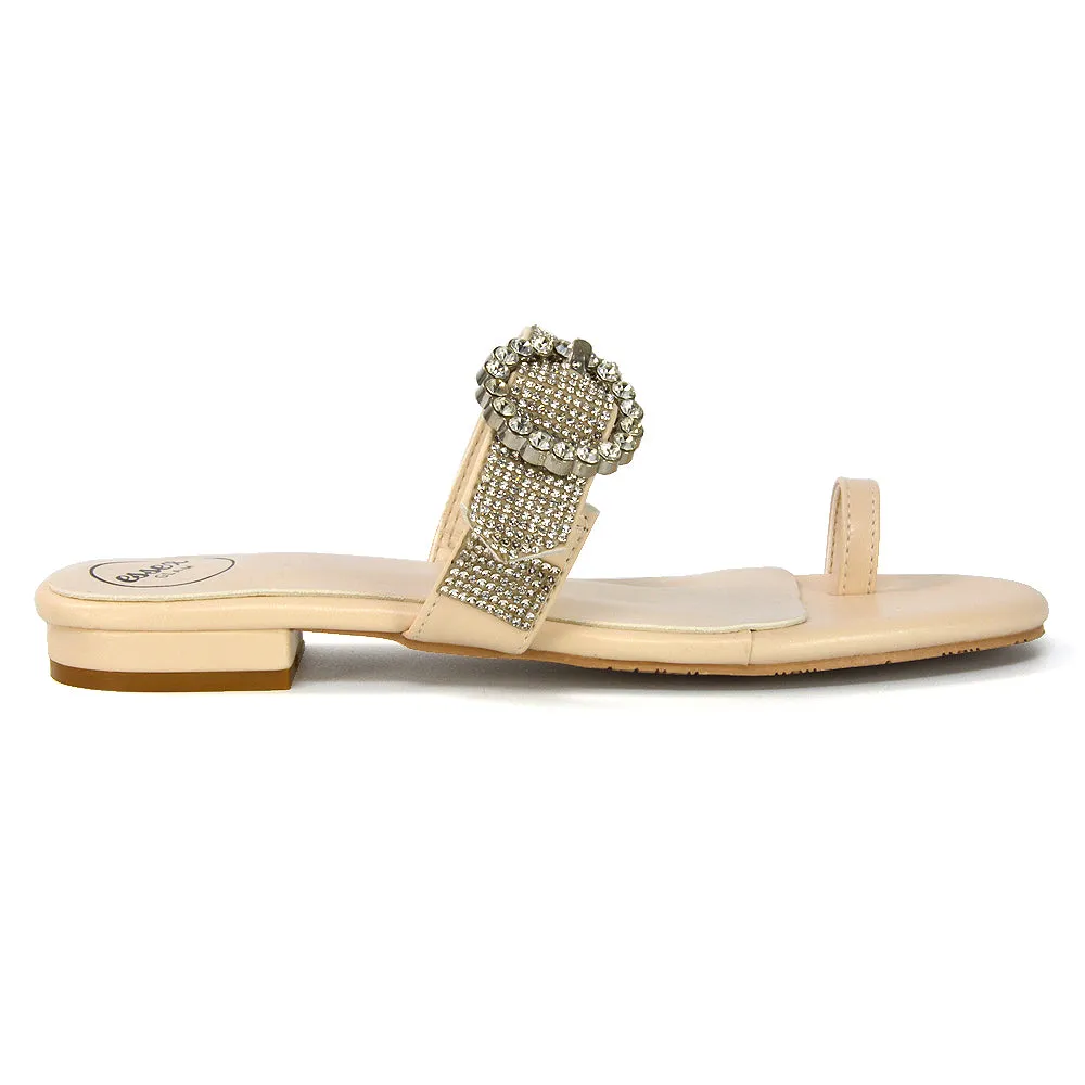 October Toe Post Diamante Strap Flat Sandal Sliders in Nude Synthetic Leather