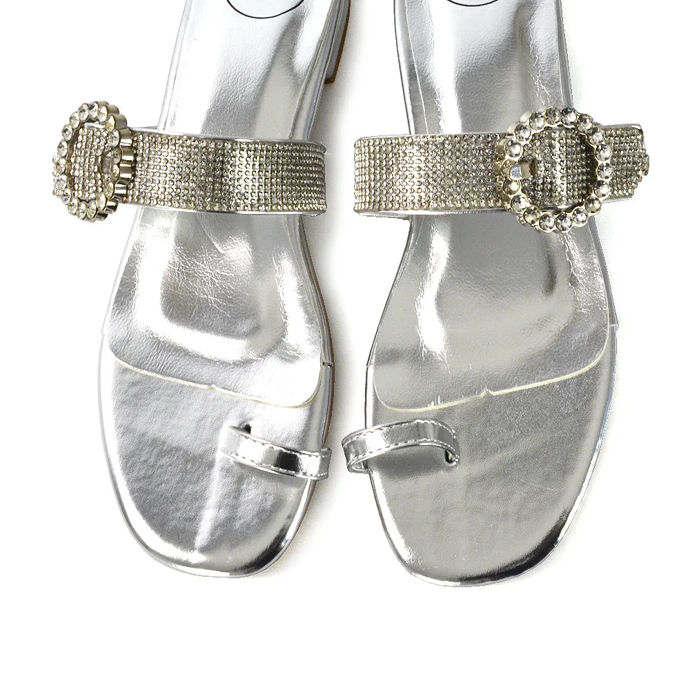 October Toe Post Diamante Strap Flat Sandal Sliders in Nude Synthetic Leather