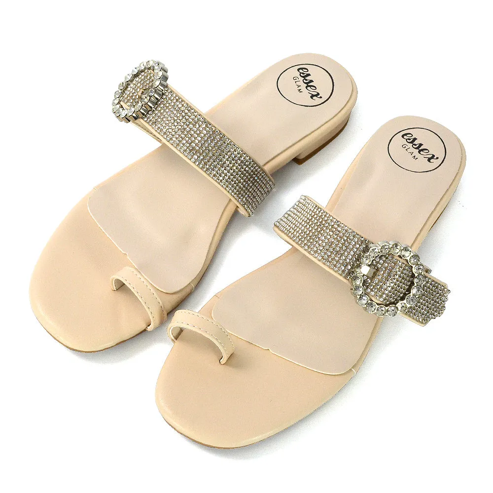 October Toe Post Diamante Strap Flat Sandal Sliders in Nude Synthetic Leather