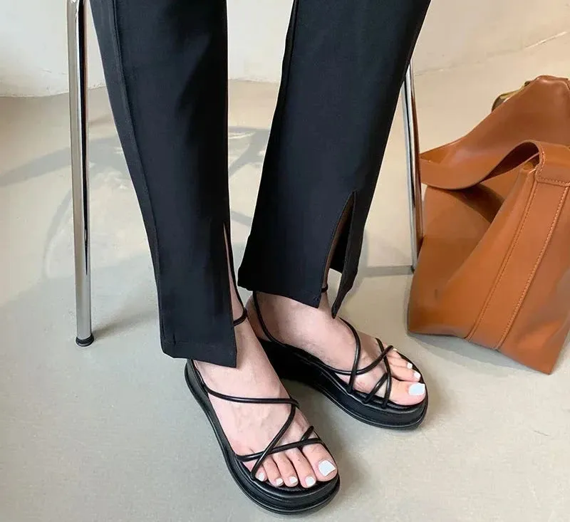 Open Toe Women Sandals Summer Fashion Narrow Band Dress Shoes Platform Wedges Heel Ladies Ankle Strap Gladiator Sandalias