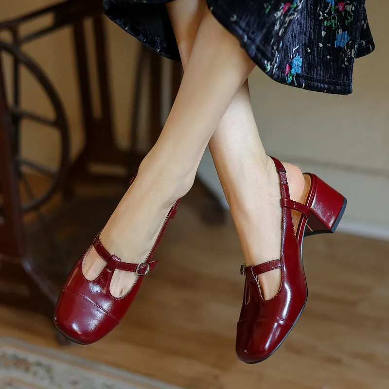 Patent Leather Slingback Mary Jane Pumps Block Heel in Red/Black/Khaki