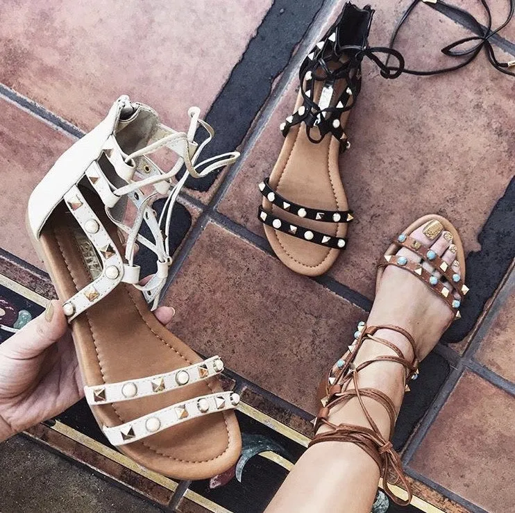 Pearl & Stud Festival Gladiator Lace Up Ankle Sandals Nude White Womens