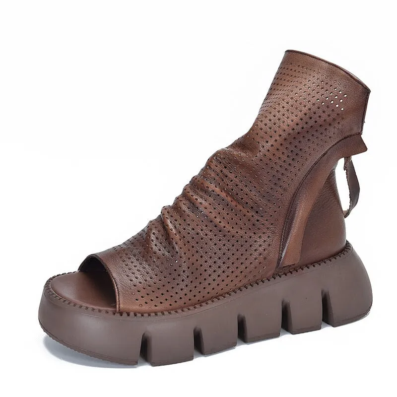 Perforated Leather Sandals For Women Open Toe Chunky Lug Sole in Brown/Black