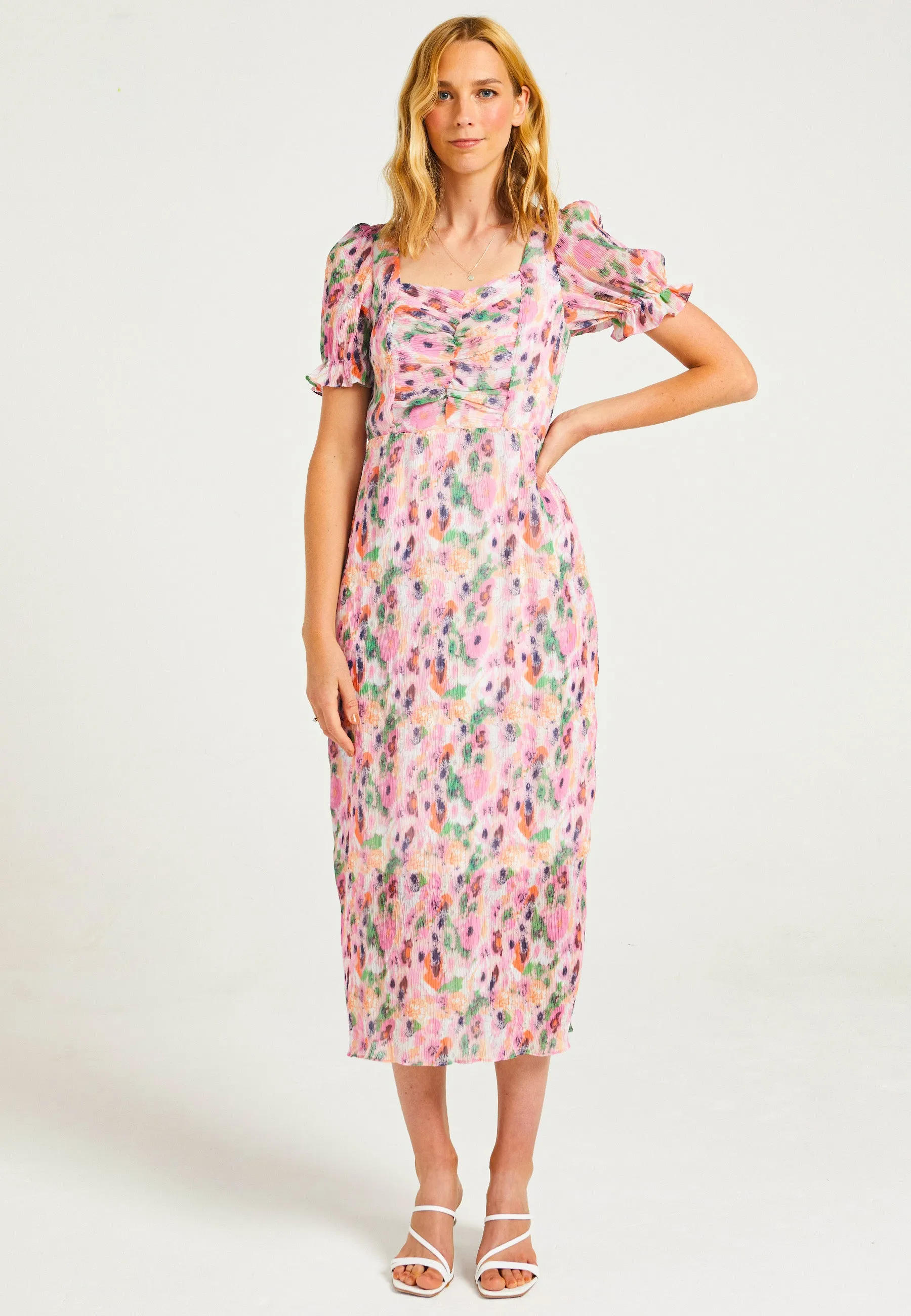 Pink Plisse Midaxi Dress in Abstract Print