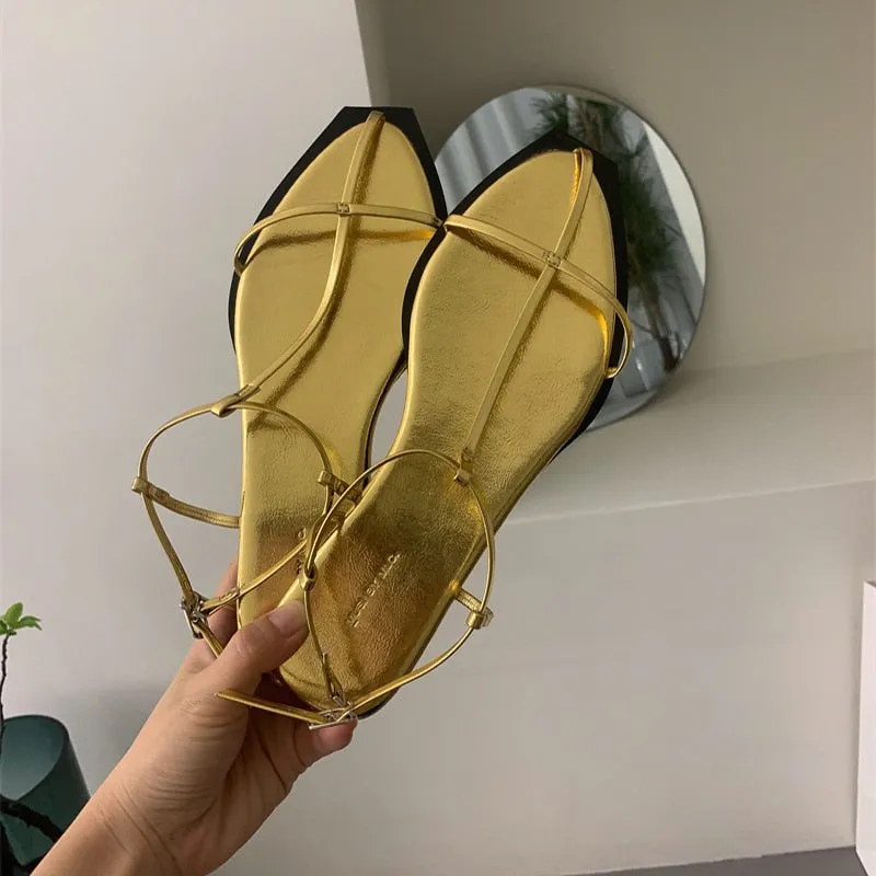 Purpdrank - 2023 Summer New Golden Women Sandals Fashion Narrow Band Flats Sandalias Ladies Outdoor Casual Beach Vacation Gladiator Shoes