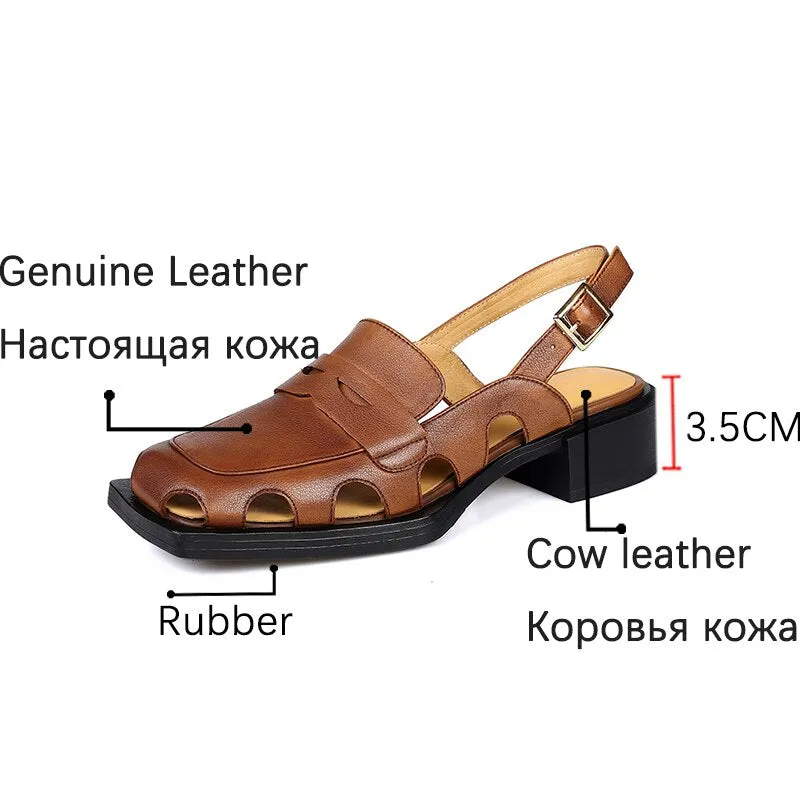 Purpdrank - Women Sandals Retro Genuine Leather Luxury Roman Sandals Casual Buckle Strap Summer Shoes GLADIATOR Thick Heel Women Shoes