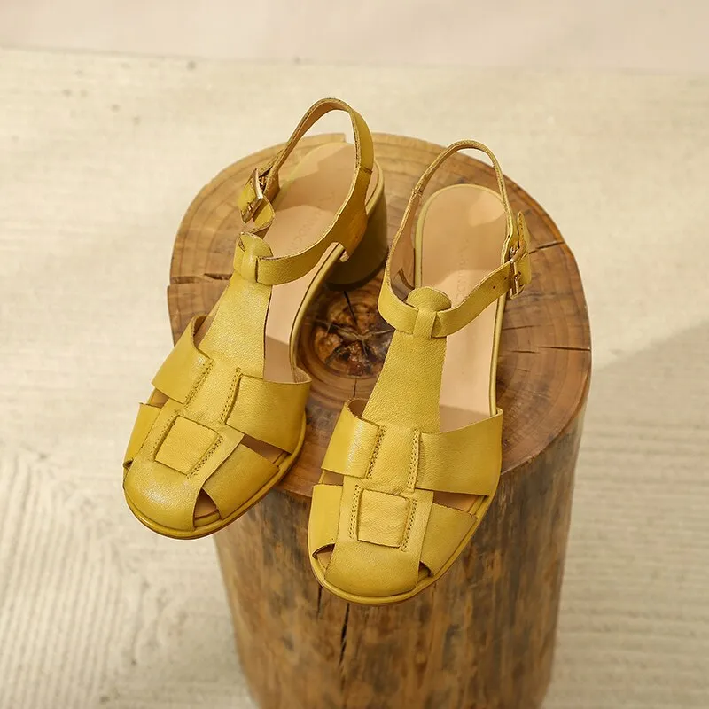 Purpdrank - Womens' Sandals Cowhide Lady Shoes For Female Retro Gladiator Buckle Strap Yellow Brown Simple Shoes Summer Sandal Roman Style