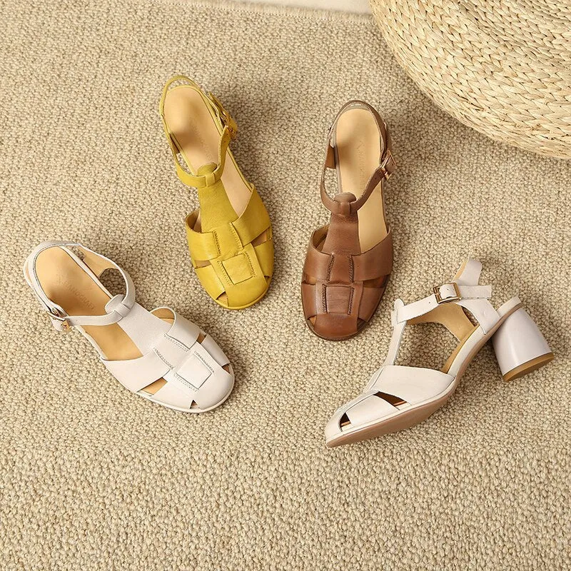 Purpdrank - Womens' Sandals Cowhide Lady Shoes For Female Retro Gladiator Buckle Strap Yellow Brown Simple Shoes Summer Sandal Roman Style