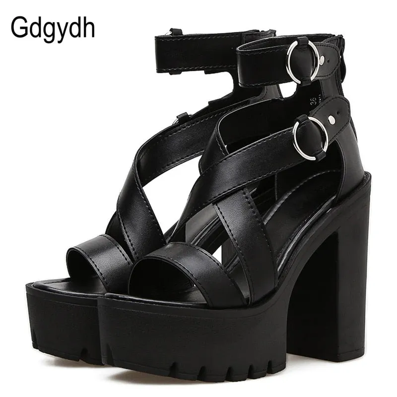 Rome Style Solid Platform Sandals with Square Heel and Ankle Strap