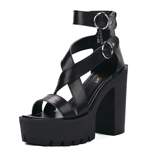 Rome Style Solid Platform Sandals with Square Heel and Ankle Strap