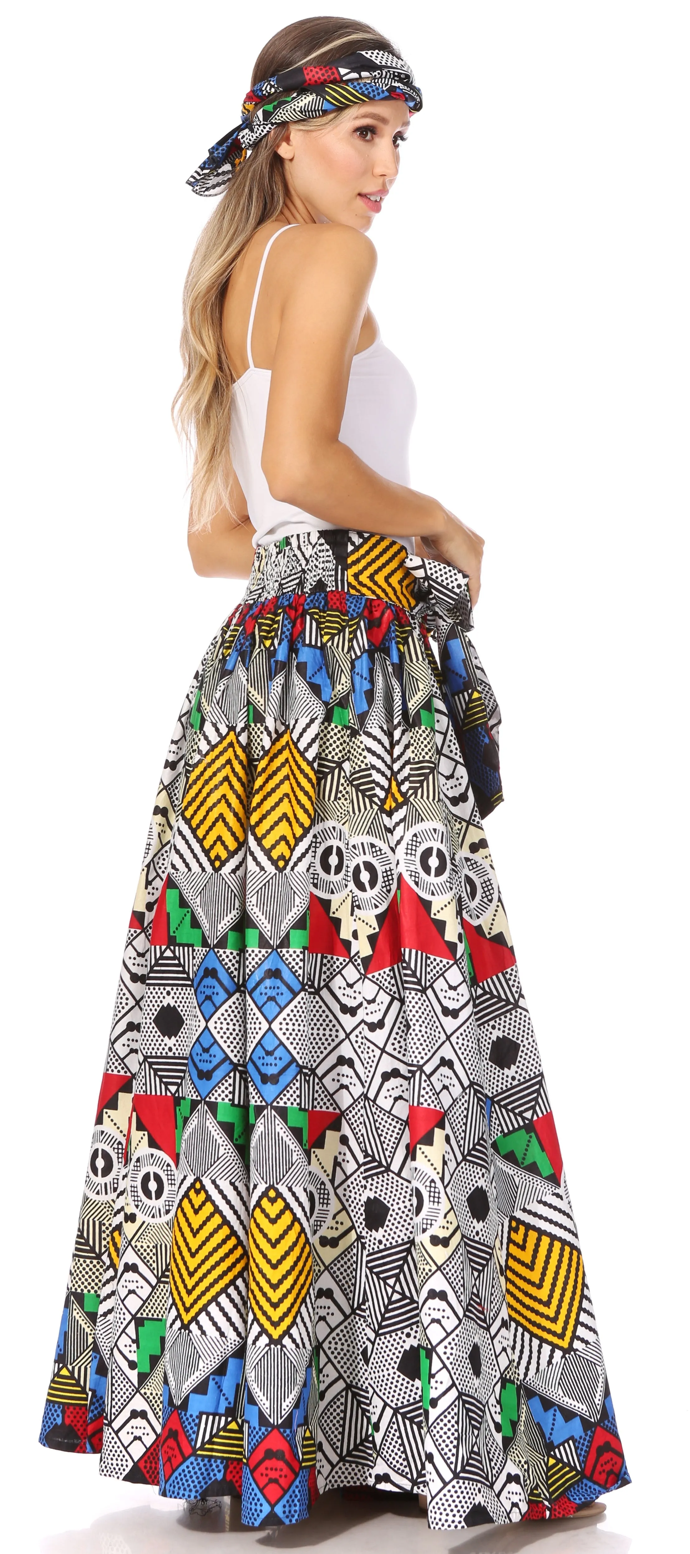 Sakkas Asma's Second Convertible Traditional Wax Print Maxi Skirt with Adjustable Straps