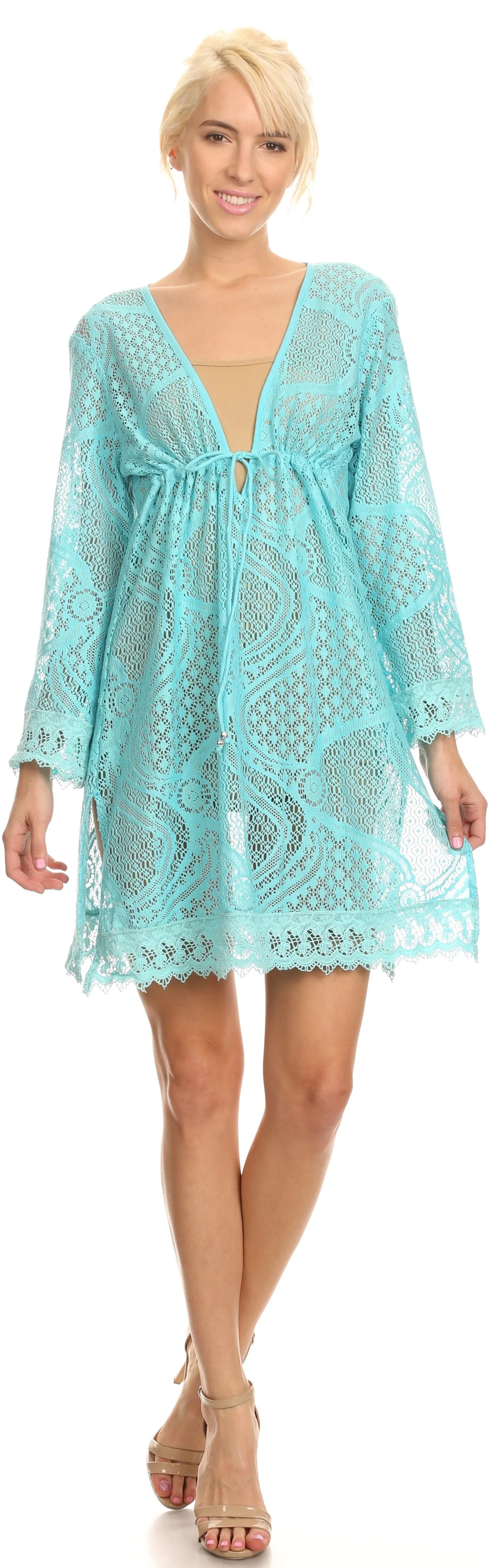 Sakkas Cal Long Crochet Lace Embroidered Adjustable Long Sleeve Tall Beach Dress