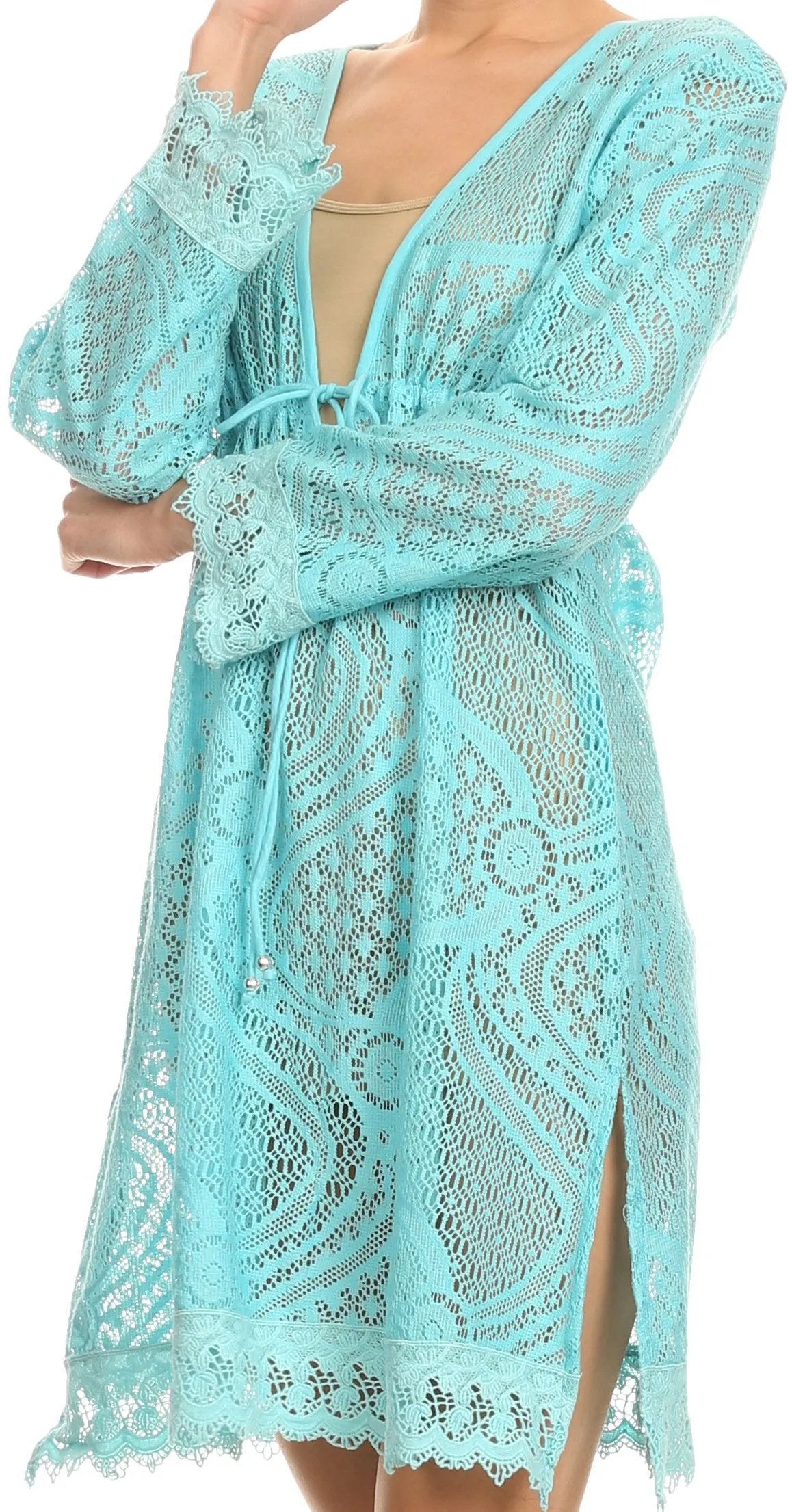 Sakkas Cal Long Crochet Lace Embroidered Adjustable Long Sleeve Tall Beach Dress