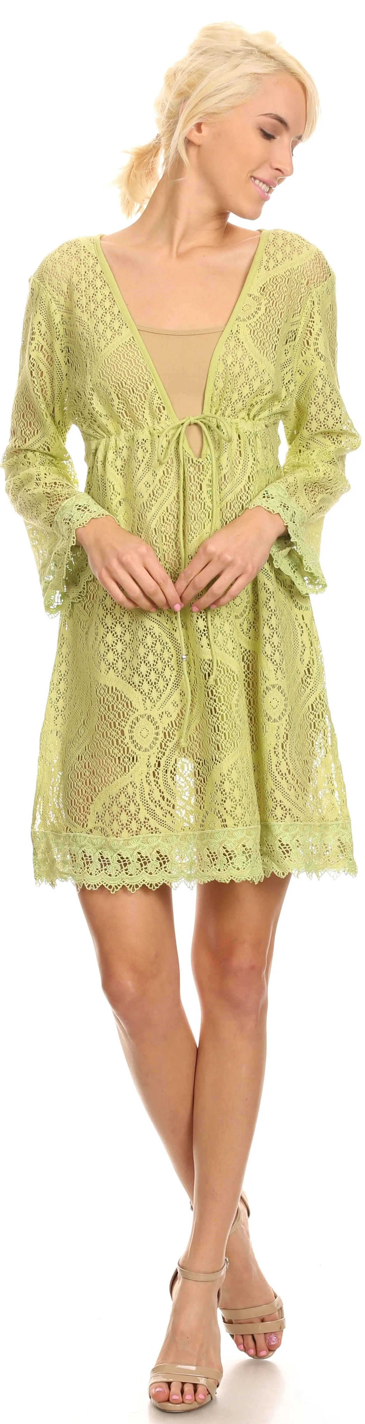 Sakkas Cal Long Crochet Lace Embroidered Adjustable Long Sleeve Tall Beach Dress