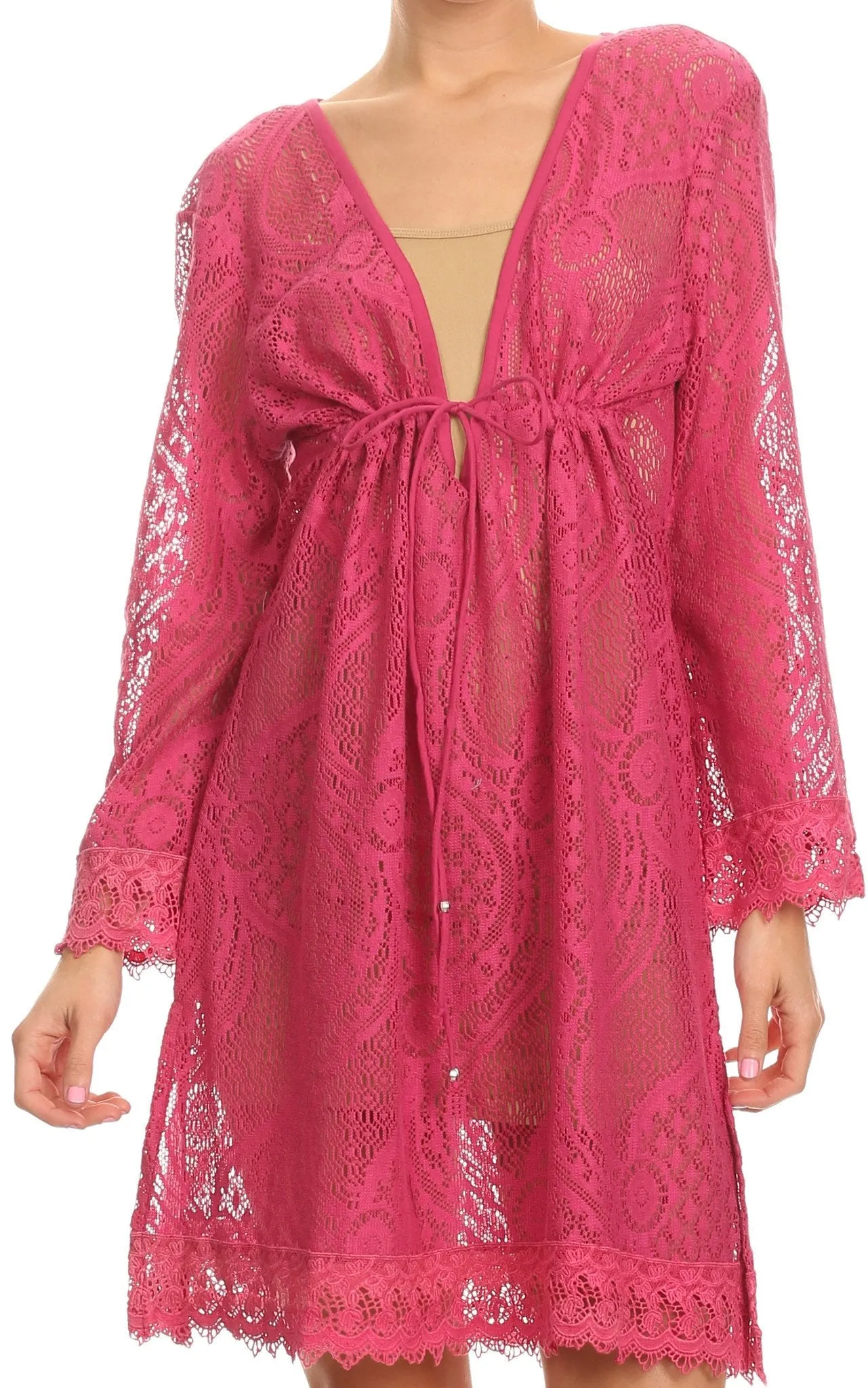 Sakkas Cal Long Crochet Lace Embroidered Adjustable Long Sleeve Tall Beach Dress