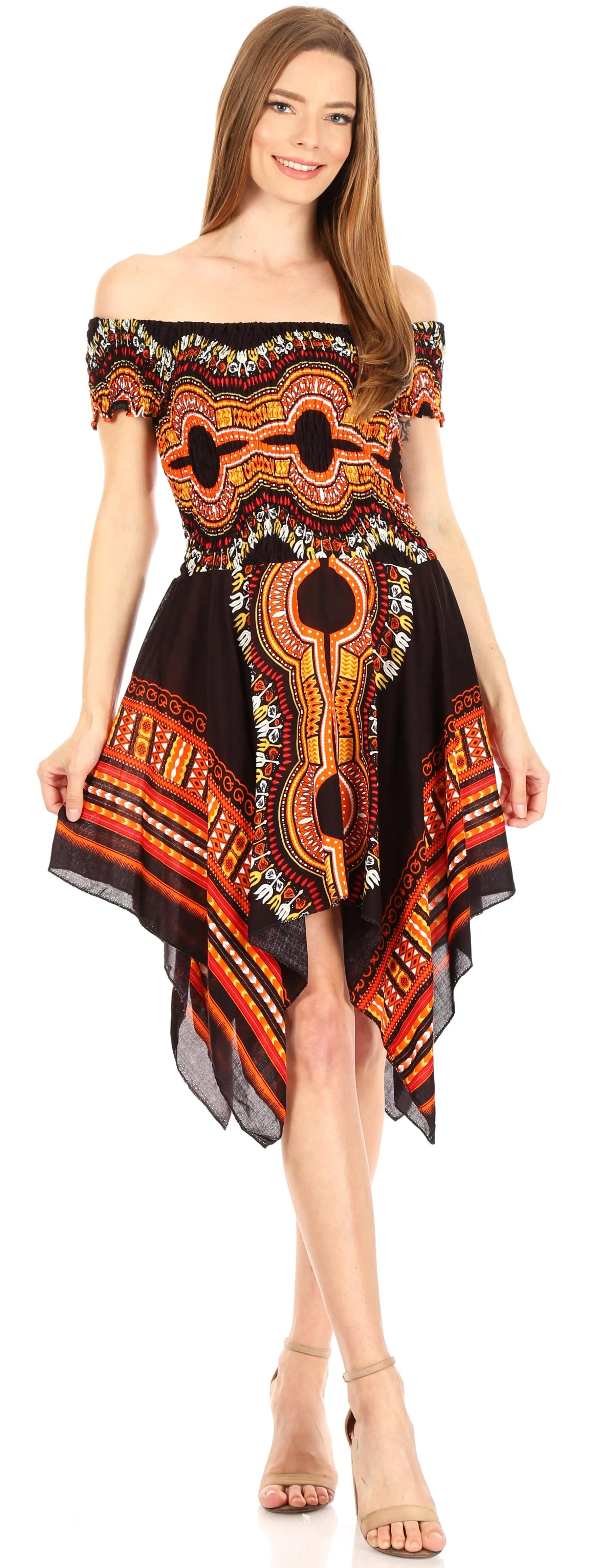 Sakkas Femi Women's Casual Cocktail Off Shoulder Dashiki African Stretchy Dress