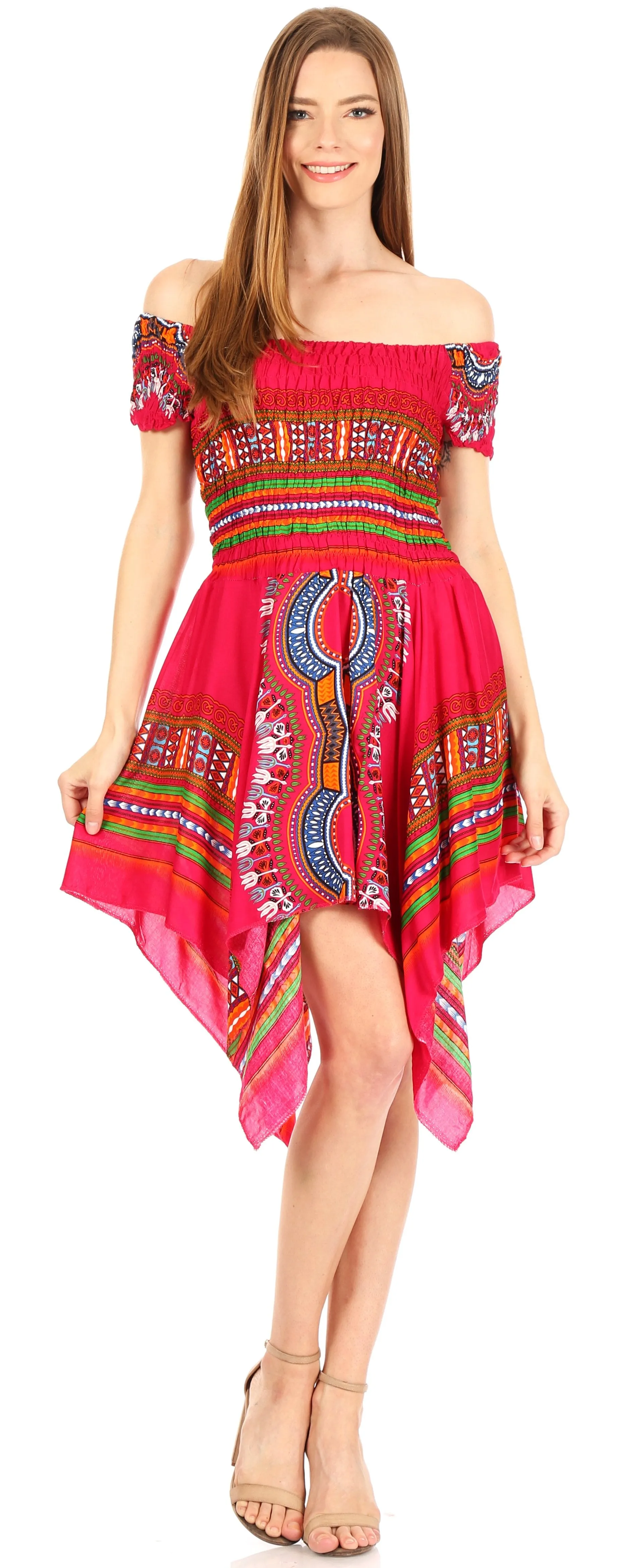 Sakkas Femi Women's Casual Cocktail Off Shoulder Dashiki African Stretchy Dress