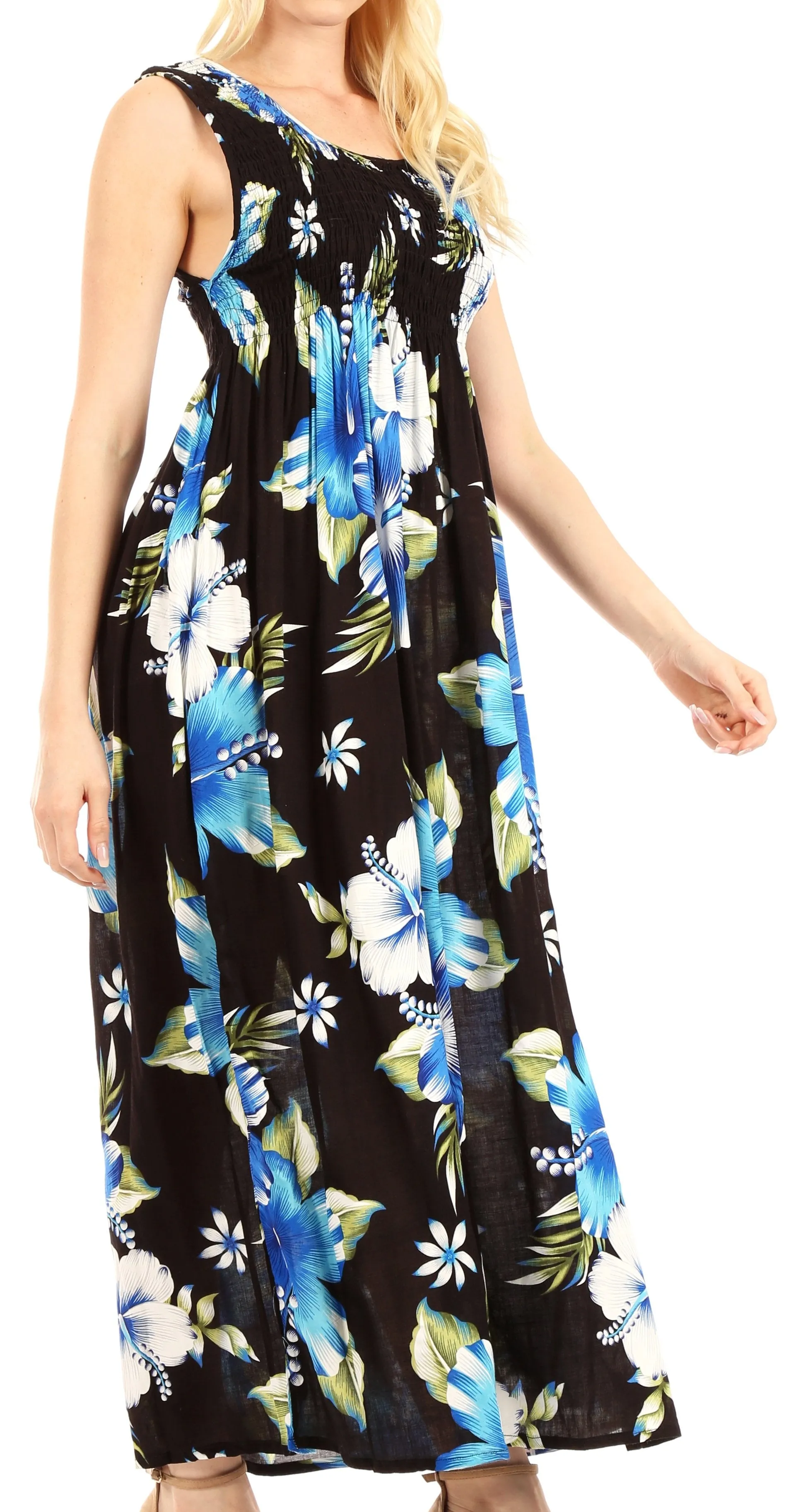 Sakkas Iyabo Women's Sleeveless Casual Summer Floral Print Dress Maxi Long Stretch