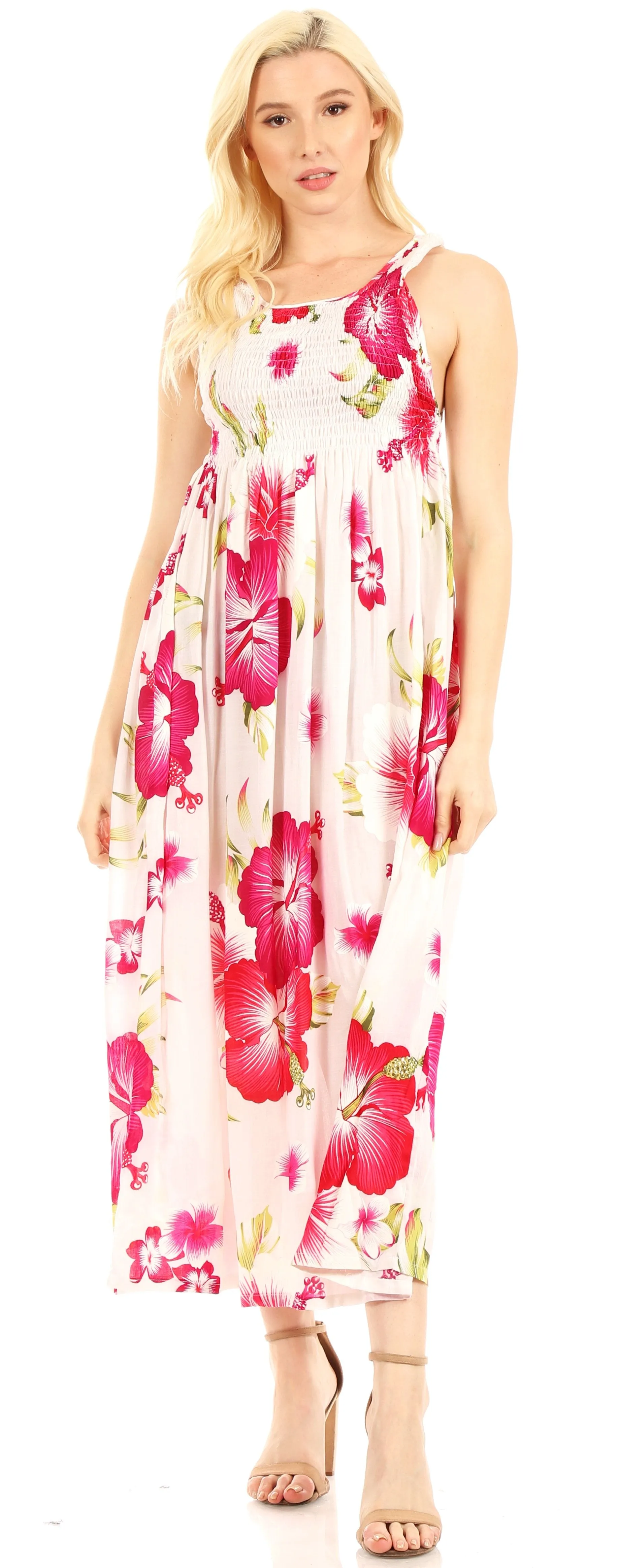 Sakkas Iyabo Women's Sleeveless Casual Summer Floral Print Dress Maxi Long Stretch